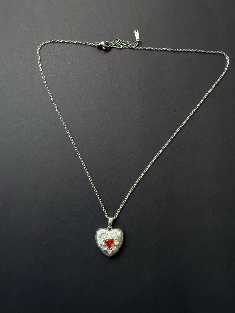 Silver style Heart Pendant Necklace Red Zircon Charm Stainless Steel Chain